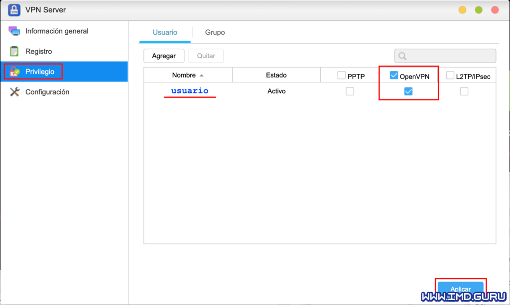 Marcar usuario en OpenVPN